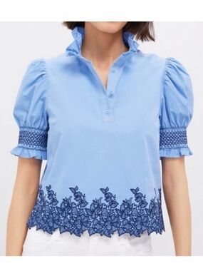 Tuckernuck Hycanith House Cornflower Blue & Navy Embroidered Eliza Blouse